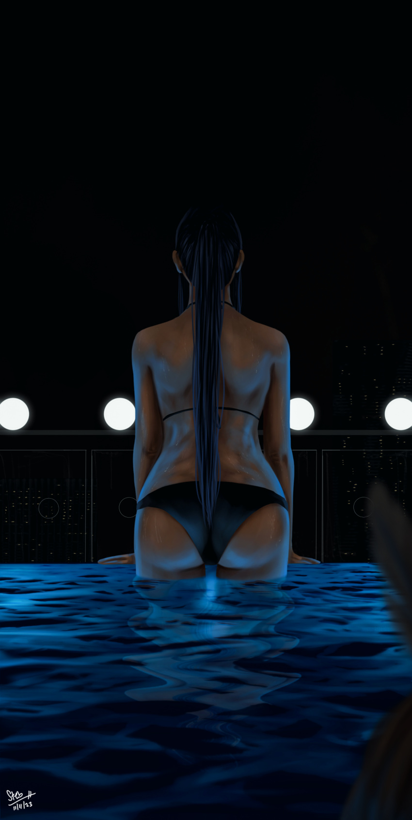 absurdres artist_name ass bikini black_bikini blue_hair cameltoe facing_ahead from_behind highres hololive hololive_english lamp long_hair night night_sky ouro_kronii ponytail pool reflection reflective_water sky solo steb swimsuit virtual_youtuber