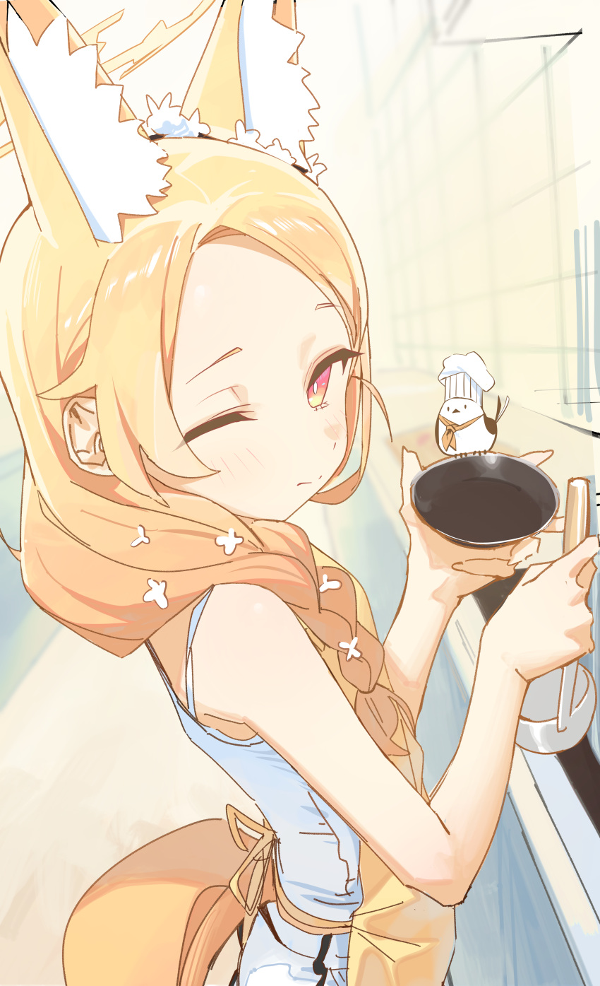 1girl absurdres alternate_costume animal_ear_fluff animal_ears bare_arms bare_shoulders blonde_hair blue_archive blush braid closed_mouth cooking fox_ears fox_girl from_side halo highres holding holding_ladle ladle long_hair looking_at_viewer one_eye_closed red_eyes seia_(blue_archive) single_braid solo syhan yellow_halo