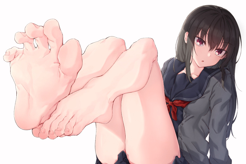 :o arms_at_sides bare_legs barefoot batatata77 black_hair black_sailor_collar black_serafuku cardigan collarbone feet foot_focus greek_toe grey_cardigan hair_between_eyes head_tilt highres legs legs_up long_hair long_sleeves looking_at_viewer neckerchief original parted_lips presenting_foot red_eyes red_neckerchief sailor_collar school_uniform serafuku sidelocks simple_background sitting soles spread_toes toenails toes white_background