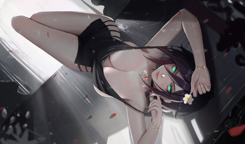 1girl black_hair breasts chainsaw_man flower green_eyes highres jewelry looking_at_viewer lying neoary3 neorarty on_back purple_hair reze_(chainsaw_man) short_hair thighs