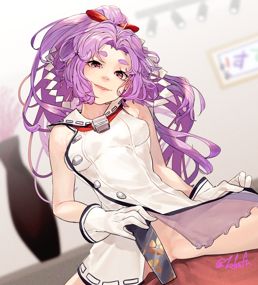 1girl blush breasts dress folded_fan folding_fan fuwafuwatoufu gloves hand_fan hatsuharu_(kancolle) hatsuharu_kai_ni_(kancolle) highres kantai_collection long_hair looking_at_viewer no_panties open_mouth purple_eyes purple_hair sailor_collar sailor_dress signature sleeveless sleeveless_dress small_breasts smile solo thick_eyebrows twitter_username very_long_hair white_dress white_gloves white_sailor_collar
