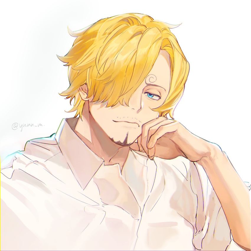 1boy artist_name beard_stubble blonde_hair blue_eyes collared_shirt curly_eyebrows facial_hair hair_over_one_eye hand_on_own_cheek hand_on_own_face highres long_bangs male_focus mustache_stubble one_piece sanji_(one_piece) shirt short_hair simple_background stubble upper_body white_background white_shirt ynnn_m