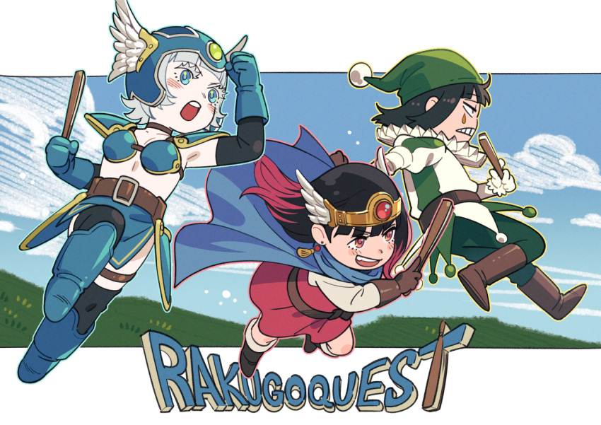 1boy 2girls akakokko_(niro_azarashi) akane-banashi armor belt black_footwear black_hair blue_eyes blue_gloves blue_headwear blush boots brown_belt brown_footwear brown_gloves collarbone colored_eyelashes earrings folding_fan full_body gloves gradient_hair green_headwear grey_hair grimace hand_fan helmet holding holding_fan jester_costume jewelry koragi_hikaru logo_parody midriff multicolored_hair multiple_girls navel neck_ruff nerimaya_karashi open_mouth osaki_akane_(akane-banashi) pink_eyes pink_tunic running short_hair shoulder_armor tassel tassel_earrings teardrop_facial_mark teeth white_gloves winged_helmet