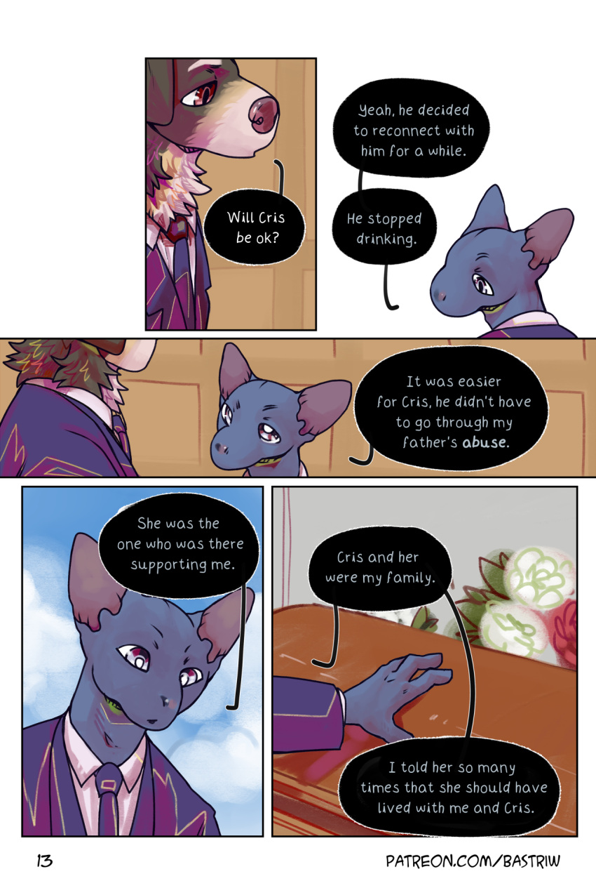 2:3 bastriw brown_eyes canid canine canis clothing coffin comic dialogue domestic_cat domestic_dog english_text felid feline felis fernando_(bastriw) flower funeral hi_res male mammal pato_(bastriw) plant purple_eyes suit text url