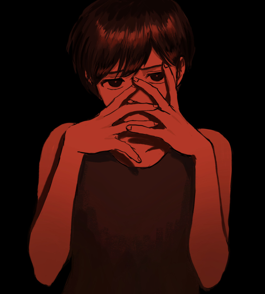 1boy bare_shoulders black_background black_eyes black_hair black_tank_top collarbone furrowed_brow hair_between_eyes hands_on_own_face looking_at_viewer omori omori_(omori) red_theme renshu_usodayo short_hair sleeveless solo tank_top