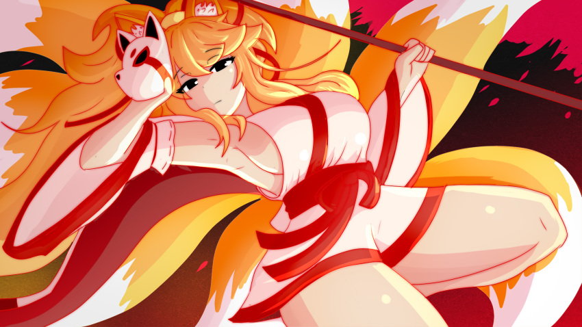 1girl animal_ears black_eyes blonde_hair ceroba cherry_blossoms cropped_legs detached_sleeves dress fox fox_ears fox_girl fox_mask fox_tail highres holding holding_mask holding_polearm holding_weapon japanese_clothes looking_at_viewer mask nick_nitro personification polearm sleeveless sleeveless_dress spear tail thighs undertale_yellow weapon wide_sleeves