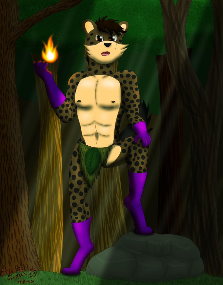 2024 absurd_res anthro black_hair bolt_the_hyena_(character) boltthegracedhyena boots brown_body brown_eyes brown_fur clothing digital_media_(artwork) elemental_manipulation fire fire_manipulation footwear forest forest_background full-length_portrait fur gloves grass grass_skirt hair handwear hi_res hyena leaf_clothing looking_at_viewer magic male mammal muscular muscular_male nature nature_background nipples plant portrait pose rock solo spotted_hyena tree