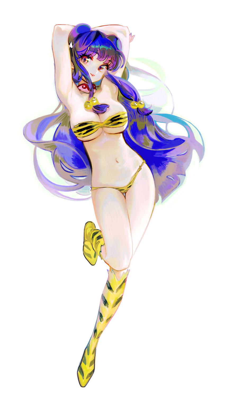 1girl absurdres animal_print bell bikini blue_hair breasts cosplay creator_connection crossover double_bun hair_bell hair_bun hair_ornament highres large_breasts long_hair lum lum_(cosplay) navel print_bikini purple_eyes ranma_1/2 revealing_clothes shampoo_(ranma_1/2) solo swimsuit tiger_print urusei_yatsura yeono0