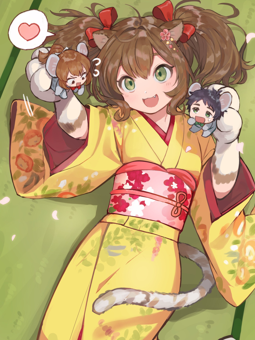 1girl 2boys :3 animal_ears animal_hands arisuke_(natuyan) arm_up bakumatsu_shishi_channel black_eyes black_hair blush brown_hair cat_ears cat_girl cat_tail cowboy_shot fang floral_print_kimono flying_sweatdrops from_above green_eyes hair_ribbon heart highres in_palm japanese_clothes kimono looking_at_another looking_down lying medium_hair mike_(bakumatsu_shishi_channel) mini_person miniboy mouse_boy mouse_ears multiple_boys obi obiage obijime on_back on_floor open_mouth petals ponytail red_ribbon ribbon sakamoto_ryouma_(bakumatsu_shishi_channel) sash short_hair smile spoken_heart sweatdrop tail takamori_saigou_(bakumatsu_shishi_channel) tatami twintails v-shaped_eyebrows wide_sleeves yellow_kimono