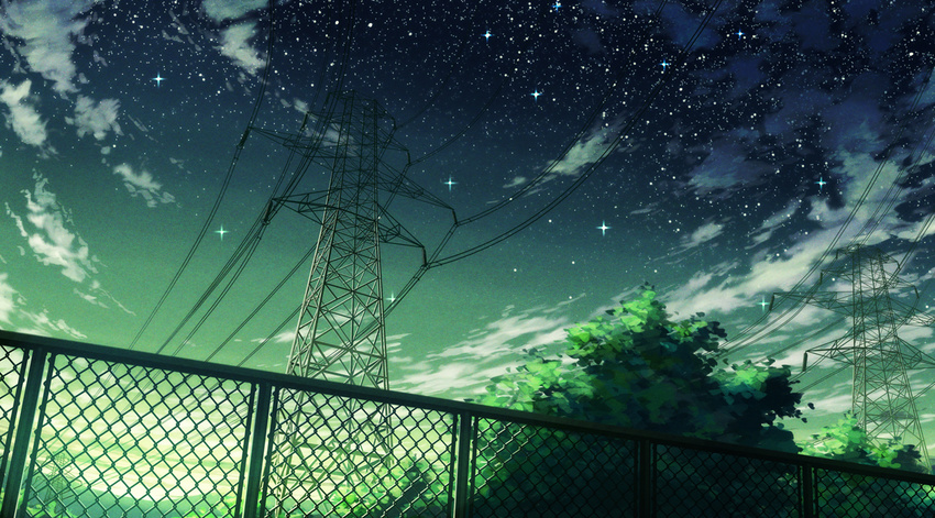 cloud cloudy_sky commentary fence gradient_sky green green_sky night night_sky no_humans outdoors power_lines scenery sky star_(sky) starry_sky transmission_tower tree