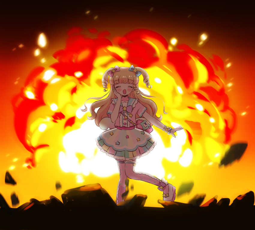 1girl :d backlighting blonde_hair blush bow closed_eyes debris dress explosion full_body hair_bow hair_ornament hand_on_own_cheek hand_on_own_face hand_up highres hoshikuzu_(pinkholic) idol_clothes idol_time_pripara long_hair open_mouth pink_dress pink_thighhighs pretty_series pripara rice_cooker ringlets shoes smile solo standing star_(symbol) star_hair_ornament takki_(pripara) thighhighs two_side_up yumekawa_yui