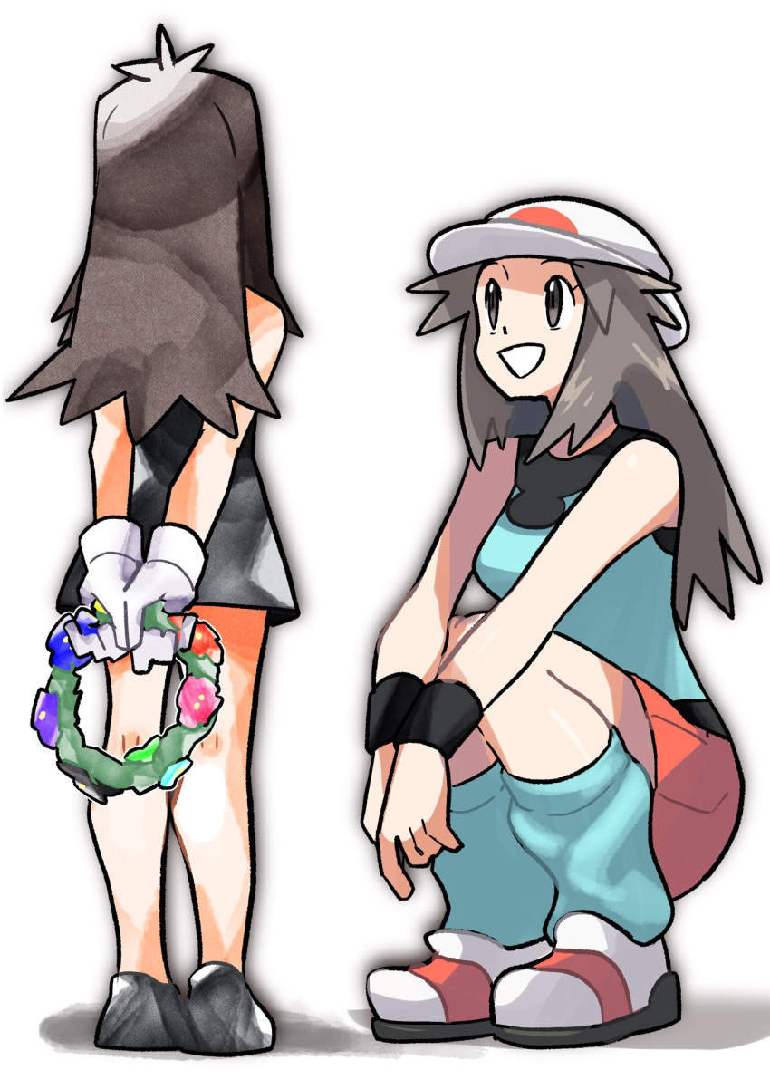 2girls age_progression arms_behind_back black_dress black_flower black_footwear black_wristband blue_flower blue_shirt blue_socks brown_hair commentary_request dress facing_away flower full_body gloves green_(pokemon) green_flower grey_eyes hat head_wreath highres holding holding_flower in-franchise_crossover long_hair multiple_girls open_mouth pink_flower pokefia pokemon pokemon_adventures pokemon_frlg red_flower red_skirt shadow shirt shoes simple_background skirt sleeveless sleeveless_shirt smile socks squatting standing sun_hat white_background white_footwear white_gloves white_headwear