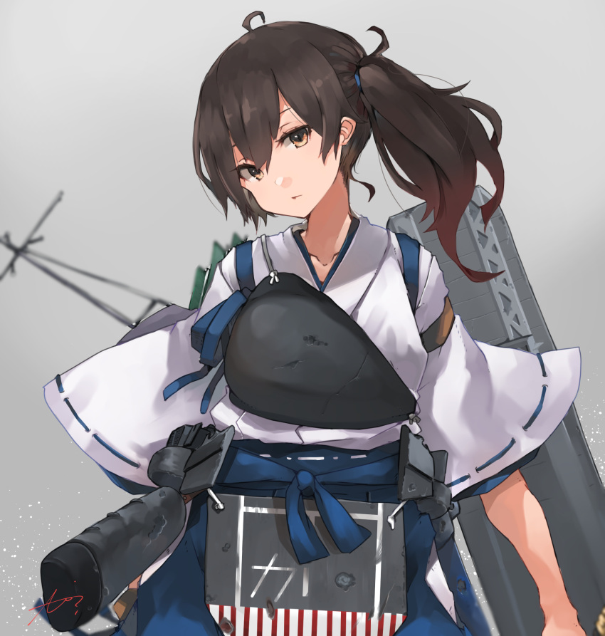 1girl bad_id bad_twitter_id blue_hakama brown_eyes brown_hair closed_mouth collarbone commentary flight_deck gradient_background hair_between_eyes hakama hakama_short_skirt hakama_skirt highres japanese_clothes kaga_(kancolle) kaga_kai_ni_(kancolle) kantai_collection long_hair muneate sheath sheathed side_ponytail signature simple_background skirt solo sunday_aki symbol-only_commentary tasuki white_background yumi_(bow)