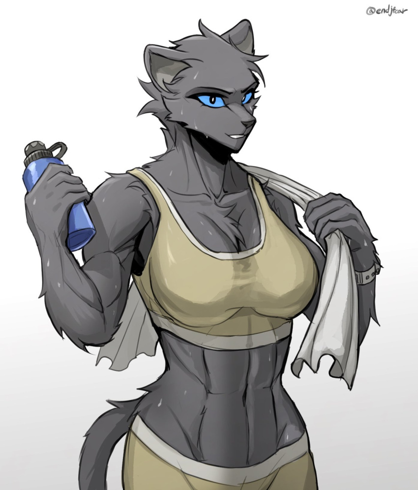 abs anthro biceps big_muscles blue_eyes bodily_fluids bottle bra clothing container endjfcar felid female fur fur_tuft hi_res looking_at_viewer mammal muscular muscular_anthro muscular_female pantherine simple_background smile solo sports_bra sweat towel towel_around_neck tuft underwear water_bottle white_background