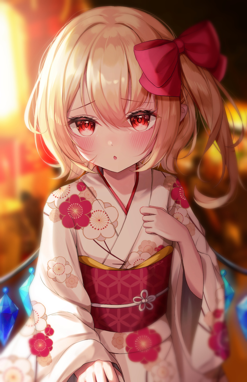 1girl absurdres alternate_costume blonde_hair cowboy_shot crystal_wings flandre_scarlet floral_print hair_ribbon highres japanese_clothes kimono looking_at_viewer naarsann obi obiage obidome obijime open_mouth red_eyes red_ribbon ribbon sash side_ponytail solo touhou yukata