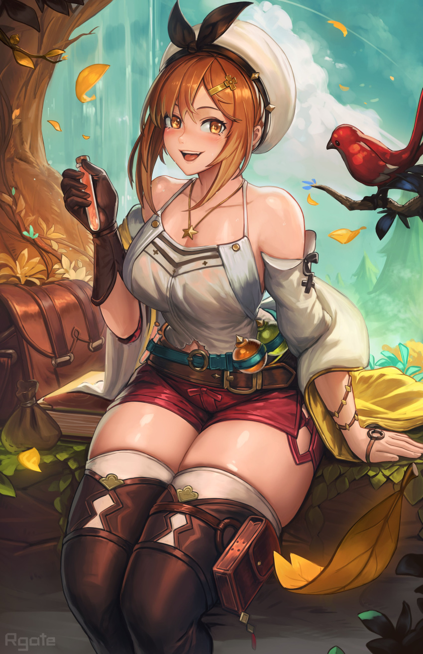 1girl absurdres artist_name atelier_(series) atelier_ryza bag bare_shoulders belt bird blush breasts brown_eyes brown_footwear brown_gloves brown_hair camisole cloud detached_sleeves eyelashes falling_leaves gatery gloves highres holding_vial large_breasts leaf looking_at_viewer medium_hair navel open_mouth red_shorts reisalin_stout shorts sitting solo star_(symbol) star_in_eye symbol_in_eye thighhighs thighs white_camisole white_thighhighs