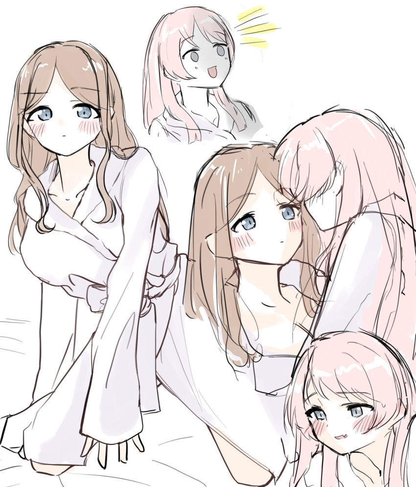 bang_dream! bang_dream!_it's_mygo!!!!! bathrobe blue_hair blush breasts brown_hair chihaya_anon cleavage closed_mouth collarbone commentary_request cropped_torso ear_blush fang grey_eyes highres korean_commentary kuuhaku_900 long_hair medium_breasts mixed-language_commentary nagasaki_soyo open_mouth pink_hair sidelocks skin_fang sweatdrop upper_body white_background yuri
