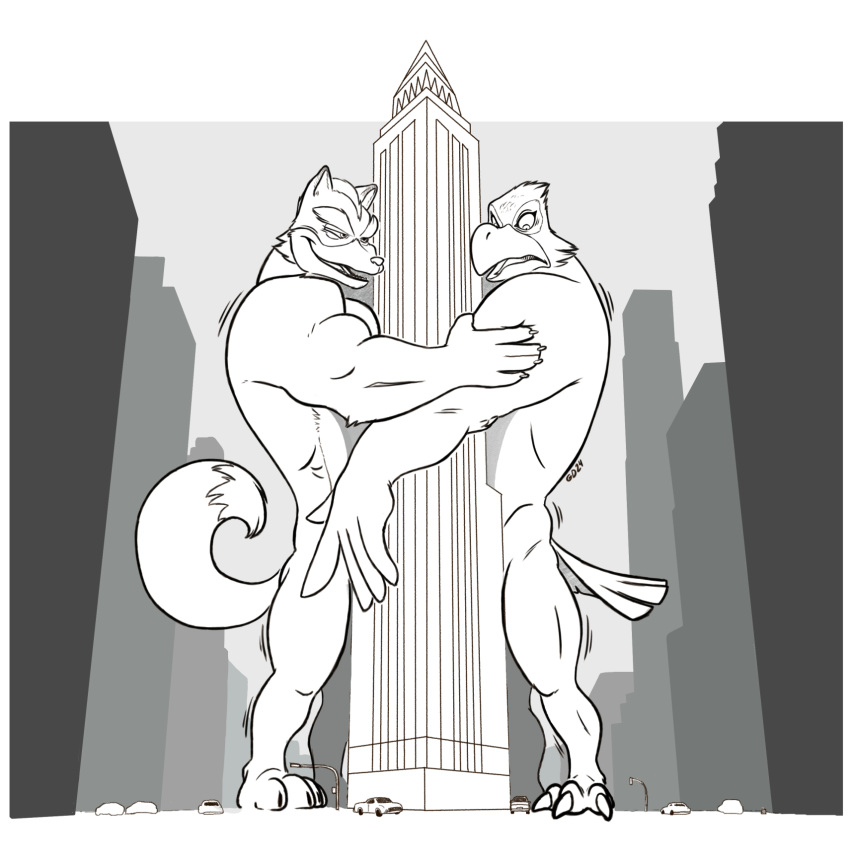 anthro avian bird building canid canine car city duo falco_lombardi fox fox_mccloud geltydrake hi_res hiding_penis hug line_art macro male mammal nintendo nude star_fox tail vehicle