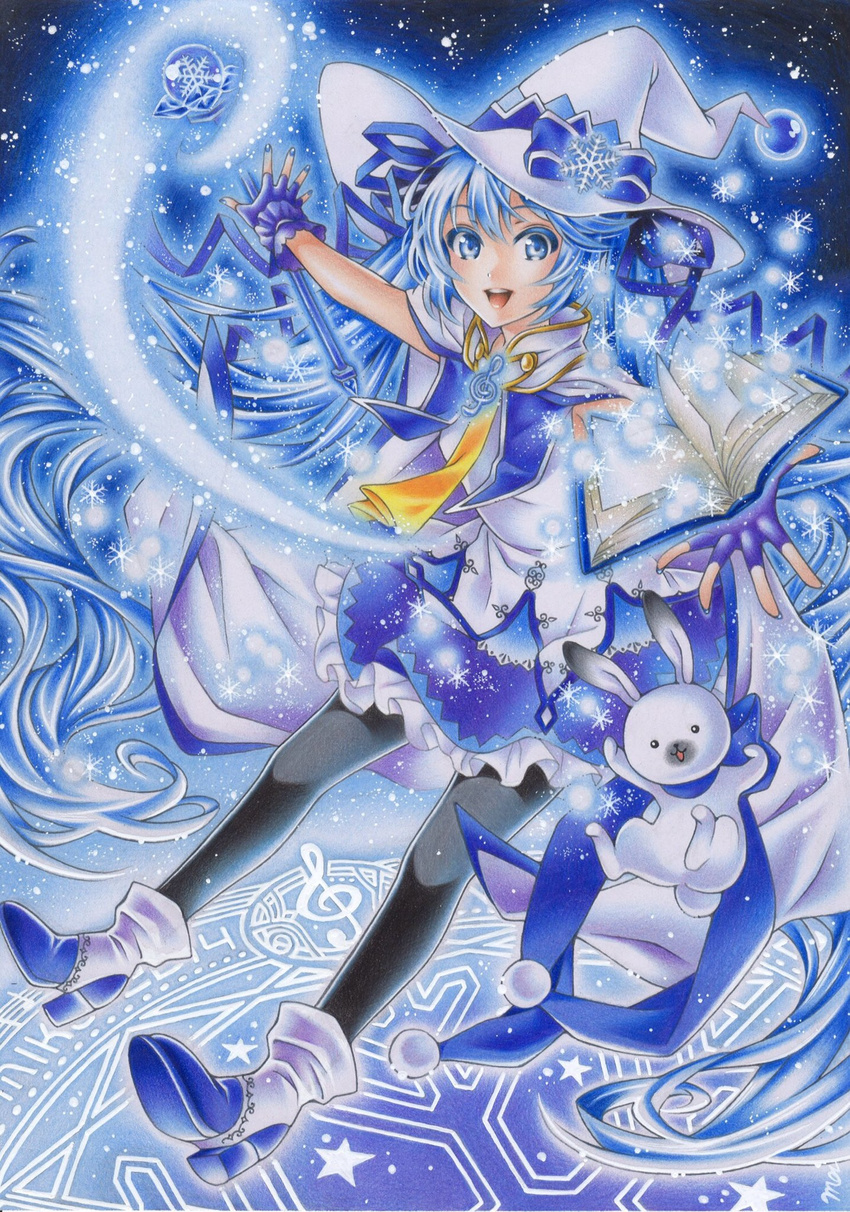 ankle_boots bangs black_legwear blue_eyes blue_hair blue_nails book boots bunny cape fingerless_gloves frills full_body gloves hat hatsune_miku highres inuono_mama long_hair looking_at_viewer nail_polish open_mouth pantyhose ribbon skirt smile snow snowflakes suki!_yuki!_maji_magic_(vocaloid) traditional_media twintails very_long_hair vocaloid witch witch_hat yuki_miku yukine_(vocaloid)