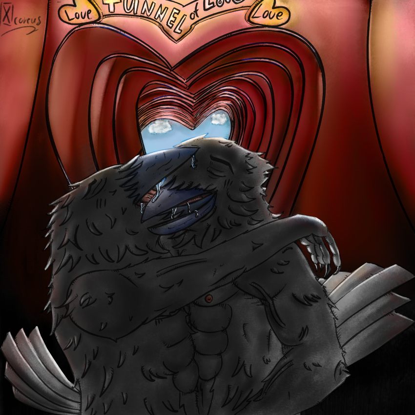 absurd_res avian beak bird bodily_fluids corvid corvus_(genus) crow drooling eyes_closed feathers fluffy hand_on_shoulder hi_res hug kissing male male/male muscular nipples oscine passerine saliva tail text tongue tunnel_of_love vein xcoreus
