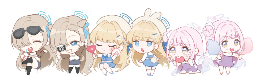 3girls absurdres angel_wings animal_ear_headwear applying_makeup asuna_(blue_archive) blonde_hair blue_archive blue_dress blue_eyes camera chibi closed_eyes closed_mouth commentary crossed_legs crying dora_(garyeong) dress eyewear_on_head food hair_bun hair_intakes hair_ornament hair_over_one_eye hair_scrunchie hairclip halo highres holding holding_camera holding_food light_brown_hair long_hair marshmallow mika_(blue_archive) multiple_girls multiple_views open_mouth pink_hair purple_dress purple_eyes scrunchie simple_background single_hair_bun sitting standing sunglasses symbol-only_commentary tears toki_(blue_archive) two-tone_eyes v_over_eye very_long_hair wariza white_background white_scrunchie wings yellow_eyes