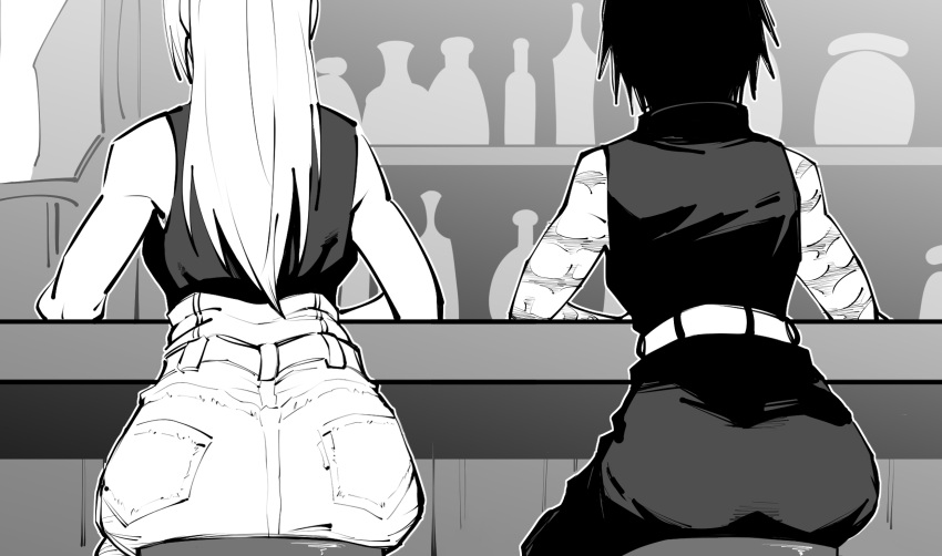 2girls ass bar_(place) burn_scar denim dingotoad highres jeans jujutsu_kaisen jujutsu_tech_uniform long_hair monochrome multiple_girls muscular muscular_female pants scar scar_on_arm short_hair tsukumo_yuki_(jujutsu_kaisen) zen'in_maki