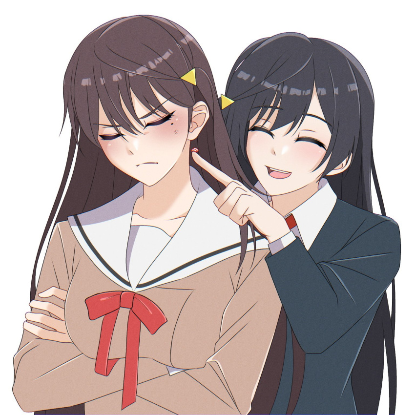 2girls amakuma arms_under_breasts bang_dream! bang_dream!_it's_mygo!!!!! black_hair black_jacket breasts brown_dress brown_hair closed_eyes closed_mouth collarbone collared_shirt commentary crossed_arms dress english_commentary frown hanasakigawa_school_uniform highres jacket long_hair long_sleeves love_live! love_live!_nijigasaki_high_school_idol_club medium_breasts mole mole_under_eye multiple_girls neck_ribbon nijigasaki_academy_school_uniform red_ribbon ribbon sailor_collar school_uniform shiina_taki shirt sidelocks teasing teeth upper_body upper_teeth_only v-shaped_eyebrows voice_actor_connection white_background white_sailor_collar white_shirt winter_uniform yuuki_setsuna_(love_live!)