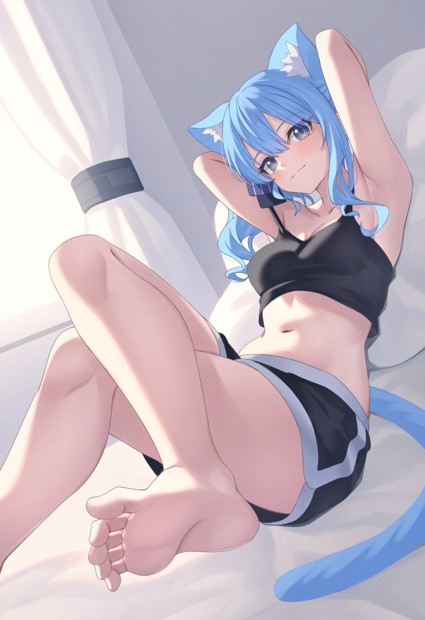 1girl absurdres alternate_costume animal_ear_fluff animal_ears aoi_zerii armpits arms_behind_head barefoot black_camisole black_shorts blue_eyes blue_hair blue_ribbon breasts camisole cat_ears cat_girl closed_mouth collarbone commentary crop_top crossed_legs dolphin_shorts double-parted_bangs extra_ears hair_between_eyes hair_ribbon highres hololive hoshimachi_suisei indoors looking_at_viewer lying medium_breasts medium_hair midriff navel on_back on_bed ribbon shorts side_ponytail sidelocks single_off_shoulder solo star_(symbol) star_in_eye symbol_in_eye virtual_youtuber