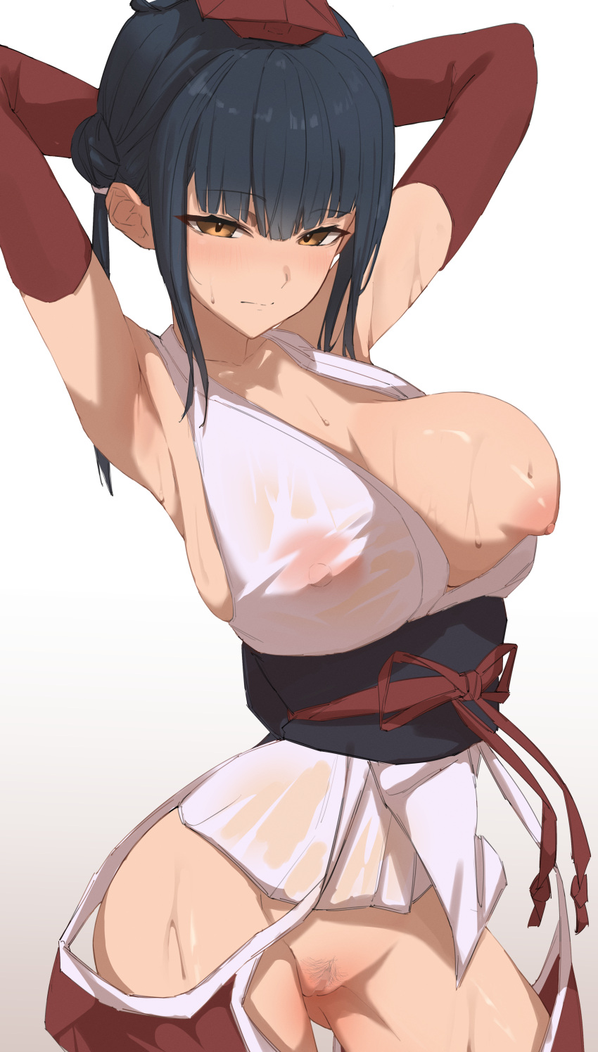 1girl absurdres armpits arms_behind_head bare_shoulders black_hair breasts bridal_gauntlets censored closed_mouth commission contrapposto cowboy_shot detached_pants double_bun elbow_gloves gloves hair_bun half-closed_eyes hat highres japanese_clothes kaekae_kaeru kimono large_breasts long_hair looking_at_viewer mosaic_censoring nijisanji nipples obi one_breast_out presenting_armpit pubic_hair pussy red_gloves red_headwear sash see-through simple_background skeb_commission sleeveless sleeveless_kimono solo sweat tokin_hat virtual_youtuber white_background white_kimono yamagami_karuta yamagami_karuta_(1st_costume) yellow_eyes