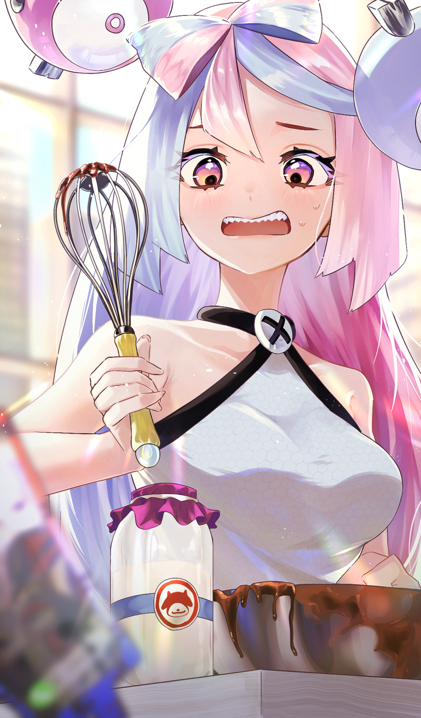 1girl bare_shoulders blue_hair blurry blurry_background blurry_foreground bottle bow-shaped_hair bowl breasts chocolate chocolate_making depth_of_field grey_shirt highres holding holding_whisk indoors iono_(pokemon) long_hair medium_breasts milk_bottle moomoo_milk multicolored_hair ni_(7no8210mare) open_mouth pink_eyes pink_hair pokemon pokemon_sv sharp_teeth shirt sleeveless sleeveless_shirt solo teeth two-tone_hair upper_teeth_only whisk