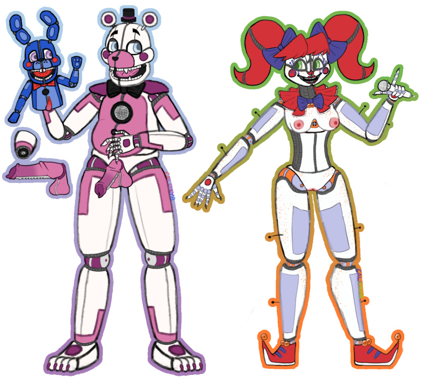 anatomically_correct anatomically_correct_genitalia anatomically_correct_penis animal_genitalia animal_penis animatronic anthro balls bear big_balls blue_eyes breasts caloxya circus_baby_(fnaf) clothing eye_contact female five_nights_at_freddy's footwear footwear_only funtime_freddy_(fnafsl) genitals green_eyes group hair hi_res humanoid lagomorph leporid looking_at_another machine male mammal medium_breasts mostly_nude neckwear_only nude penis pigtails puppet_bonnie_(fnafsl) purple_eyes pussy rabbit red_hair robot scottgames shoes shoes_only sister_location thick_thighs trio ursine_penis