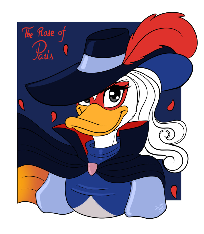 1700s_clothing anatid anseriform anthro avian bird cape clothing comic_book_character daisy_and_the_mysteries_of_paris daisy_duck disney duck female french hair hat hat_feather headgear headwear heroic heroine hi_res long_hair loose_feather lunula_(artist) mask masked_female musketeer solo superhero superhero_costume the_rose_of_paris