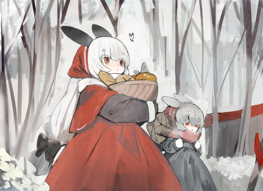 2girls animal_ears backpack bag bare_tree basket black_bow black_mittens bow bread breath brown_eyes bug butterfly capelet chestnut_mouth commentary dot_nose dress food grey_dress grey_hair hair_bow head_scarf highres holding holding_basket long_hair long_sleeves low-tied_long_hair mittens multiple_girls open_mouth original outdoors rabbit_ears red_capelet red_headwear red_skirt shirokujira sketch skirt tree white_butterfly white_hair white_mittens winter