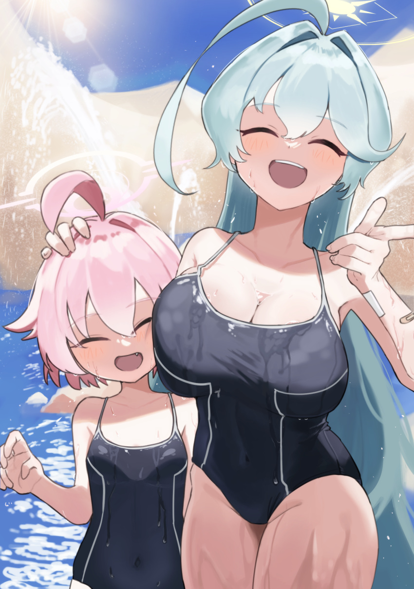 2girls ^_^ abydos_high_school_swimsuit ahoge arata_haru bandaid bandaid_on_arm bare_arms bare_shoulders black_one-piece_swimsuit blue_archive blue_hair breast_press breasts cleavage closed_eyes collarbone commentary_request competition_school_swimsuit covered_navel cowboy_shot day face_to_breasts facing_viewer fang flat_chest groin hair_between_eyes halo hand_on_another's_head hand_up height_difference highres hoshino_(blue_archive) hoshino_(young)_(blue_archive) huge_ahoge korean_commentary large_breasts light_blush light_rays long_hair multiple_girls one-piece_swimsuit open_mouth outdoors pink_hair pink_halo pointing school_swimsuit short_hair smile standing sunbeam sunlight swimsuit teeth upper_teeth_only very_long_hair water wet wet_clothes wet_swimsuit yellow_halo yume_(blue_archive)