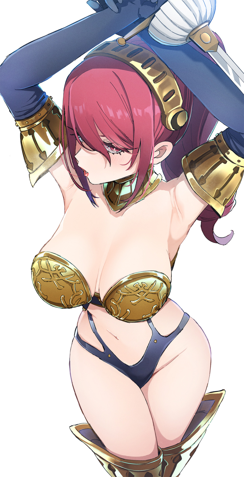 1girl absurdres armor armpits arms_up bikini_armor breasts elbow_gloves gloves high-cut_armor_(persona) highres kamiya_zuzu kirijou_mitsuru large_breasts legs_together light_blush looking_at_viewer navel official_alternate_costume persona persona_3 ponytail red_eyes red_hair revealing_clothes simple_background solo stomach sword thighhighs thighs weapon