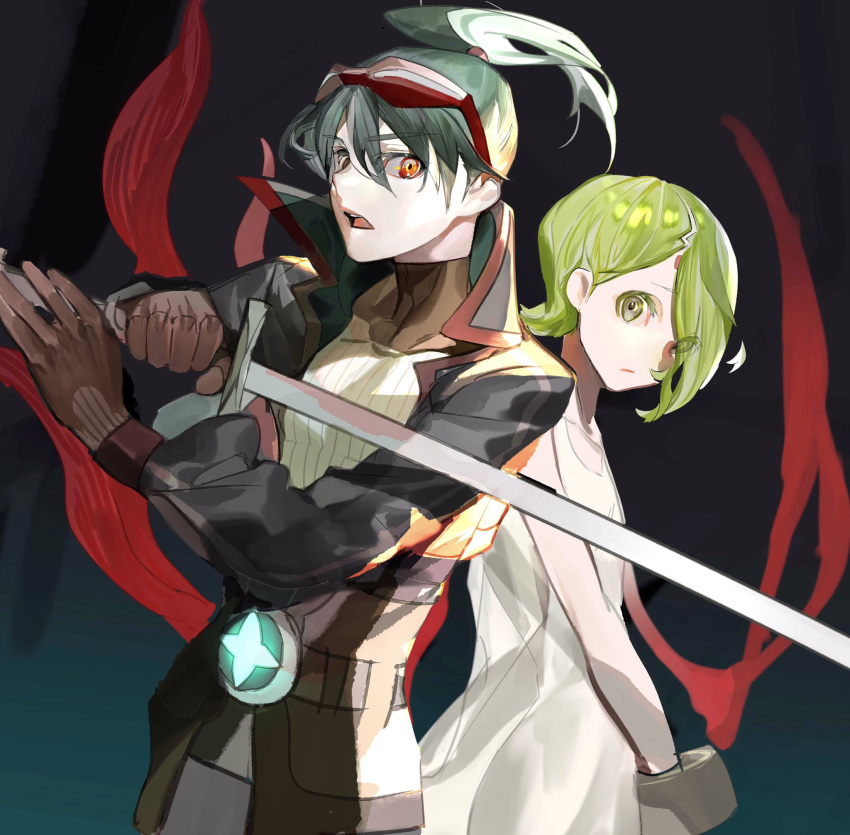 1boy 1girl breath_of_fire breath_of_fire_v brown_eyes closed_mouth dress facial_mark gloves green_eyes green_hair hair_over_one_eye highres hutuunoshuhu looking_at_viewer nina_(breath_of_fire_v) open_mouth red_wings ryuu_(breath_of_fire_v) short_hair simple_background sword weapon white_dress wings