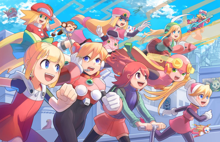 6+girls alia_(mega_man) artist_name blonde_hair blue_eyes blue_hair blue_vest brown_eyes brown_hair capcom ciel_(mega_man) data_(mega_man) dress floating green_eyes harp_note_(mega_man) helmet in-franchise_crossover iris.exe_(mega_man) layer_(mega_man) long_hair mayl_sakurai_(mega_man) mega_man_(classic) mega_man_(series) mega_man_battle_network_(series) mega_man_legends_(series) mega_man_star_force mega_man_x_(series) mega_man_x_dive mega_man_zero_(series) mega_man_zx multiple_girls pachislot_rockman_ability pallette_(mega_man) ponytail prairie_(mega_man) red_dress rico_(mega_man) robot_ears roll.exe_(mega_man) roll_(mega_man) roll_(pachislot_rockman_ability) roll_caskett_(mega_man) running short_hair skin_tight skycompass slur.exe_(mega_man) sonia_strumm_(mega_man) stuffed_toy vest