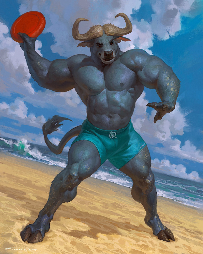 2024 4:5 abs anthro areola beach biceps big_muscles bovid bovine cape_buffalo chief_bogo clothed clothing cloud day deltoids detailed detailed_background digital_media_(artwork) digital_painting_(artwork) disney dutch_angle eyebrows fingers frisbee fur hi_res holding_object hooved_fingers hooves horn huge_muscles lips male mammal muscular muscular_anthro muscular_male navel nipples notched_ear obliques outside pecs sand serratus shadow signature smile solo standing swimming_trunks swimwear taran_fiddler teeth thick_arms thick_thighs topless topless_anthro topless_male tuft water wave zootopia