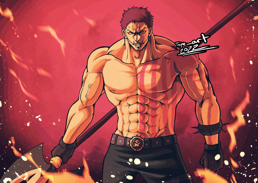 1boy abs absurdres arm_tattoo belt black_pants charlotte_katakuri chest_tattoo clenched_hand cowboy_shot english_commentary fangs gloves highres holding holding_weapon looking_at_viewer male_focus muscular muscular_male one_piece pants pink_hair solo stitched_face stitches tattoo topless_male trope_art twitter_username v-shaped_eyebrows weapon