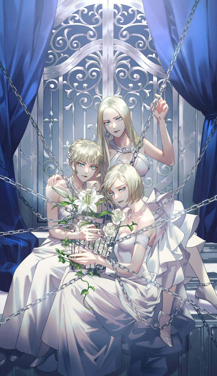 3girls akakokko_(niro_azarashi) birdcage birdmen blonde_hair blue_curtains blue_eyes breasts cage chain cleavage closed_mouth dress earrings flower gate grey_footwear hair_bun highres jasmine_(birdmen) jewelry lily_(birdmen) lily_of_the_valley long_hair looking_at_viewer mole mole_under_eye multiple_girls rose rose_(birdmen) serious short_hair white_dress white_flower white_rose