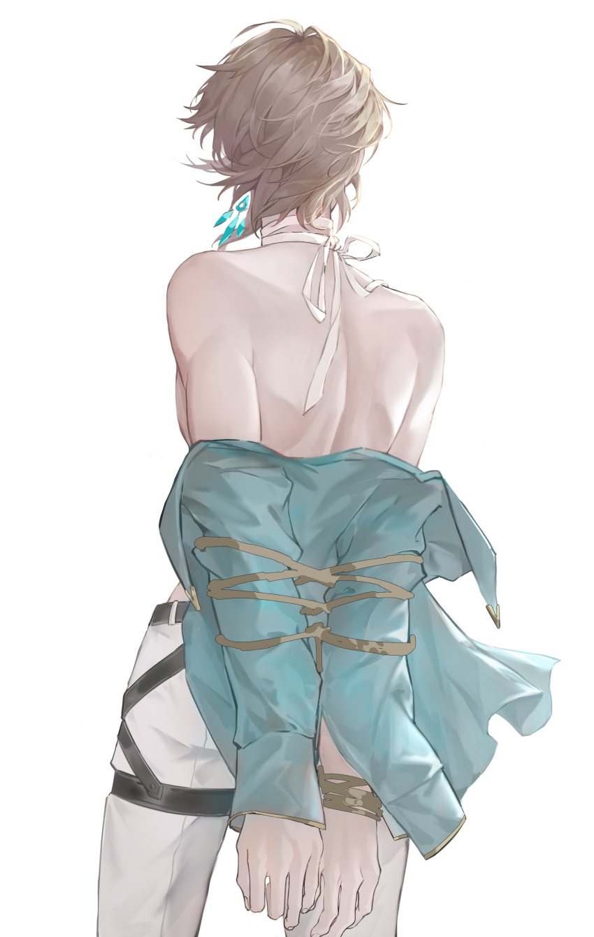 1boy absurdres aqua_shirt aventurine_(honkai:_star_rail) blonde_hair earrings from_behind highres honkai:_star_rail honkai_(series) jewelry male_focus pants partially_undressed restrained rope sheunsnzh shibari shibari_over_clothes shirt short_hair simple_background solo white_background white_pants