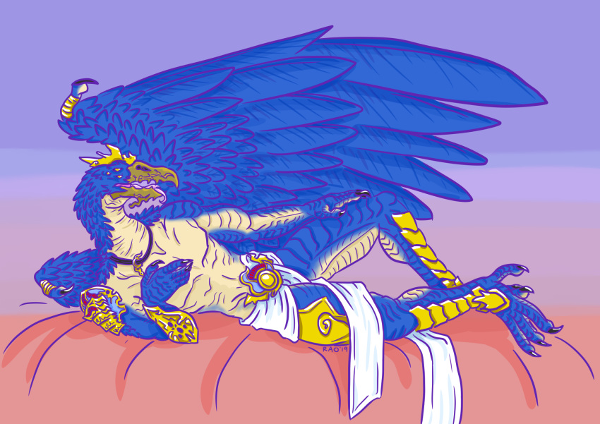 anthro armor avian avian_demon bed big_wings bird corvid corvus_(genus) daemon_of_tzeentch dragoonfliy feathered_wings feathers furniture gold_(metal) gold_armor hi_res huge_wings lord_of_change lying lying_on_bed male on_bed oscine passerine pendant raven seductive shin_pads shinguards shoulder_pads solo suggestive_pose touching_chest tzeentchean_symbol unknown_character wings