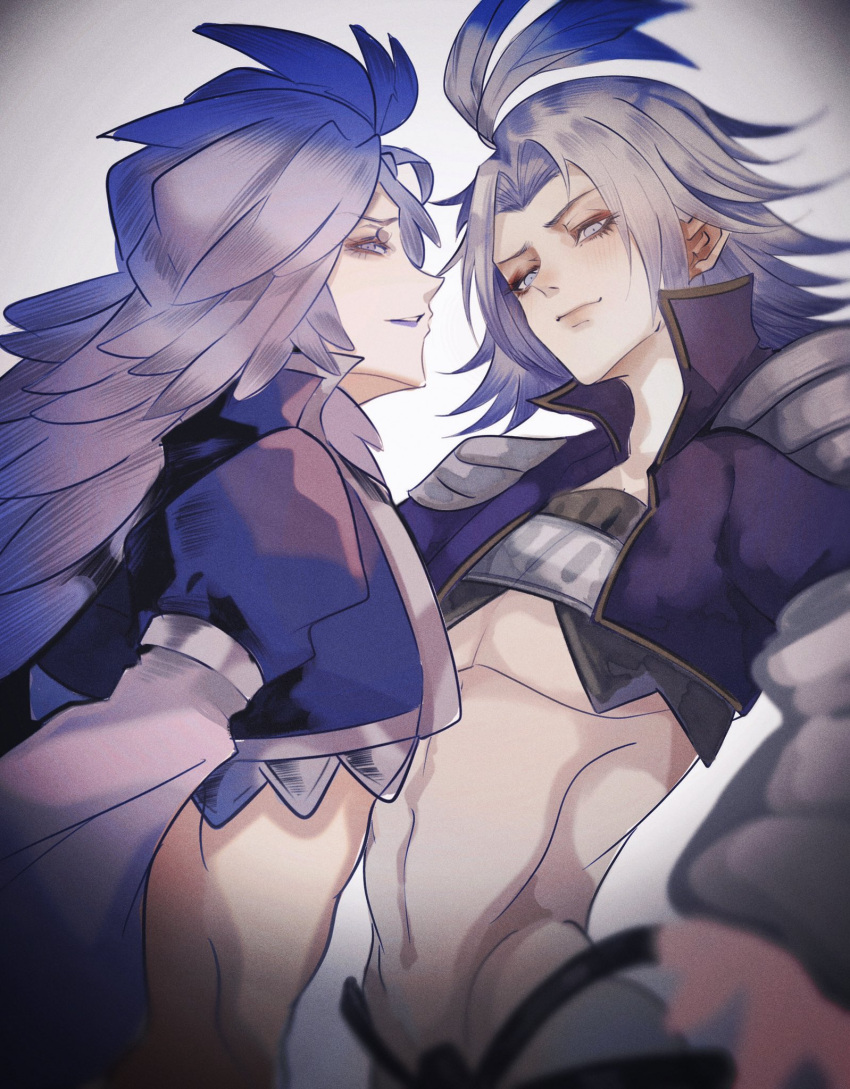 2boys armor bishounen commentary cropped_jacket daonov1 dissidia_final_fantasy eyelashes facing_away feather_hair_ornament feathers final_fantasy final_fantasy_ix gradient_hair grey_background grey_hair hair_ornament highres kuja lipstick long_hair long_sleeves looking_at_viewer looking_back looking_down makeup male_focus midriff multicolored_hair multiple_boys navel official_alternate_costume purple_lips shoulder_armor smirk symbol-only_commentary upper_body white_eyes