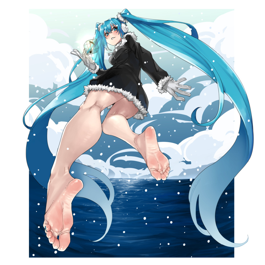 aqua_nails bare_legs barefoot black_coat blue_eyes blue_hair blush border breasts cloud coat commentary cube earmuffs eighth_note eiji_(eiji) feet floating full_body fur-trimmed_coat fur_trim gloves gradient_sky hair_between_eyes hair_ornament hair_scrunchie hatsune_miku highres horizon kneepits long_hair long_sleeves looking_at_viewer looking_back musical_note nail_polish ocean outside_border parted_lips scrunchie sky small_breasts snowing soles toenail_polish toenails toes twintails very_long_hair vocaloid white_border white_gloves white_scrunchie zipper_pull_tab