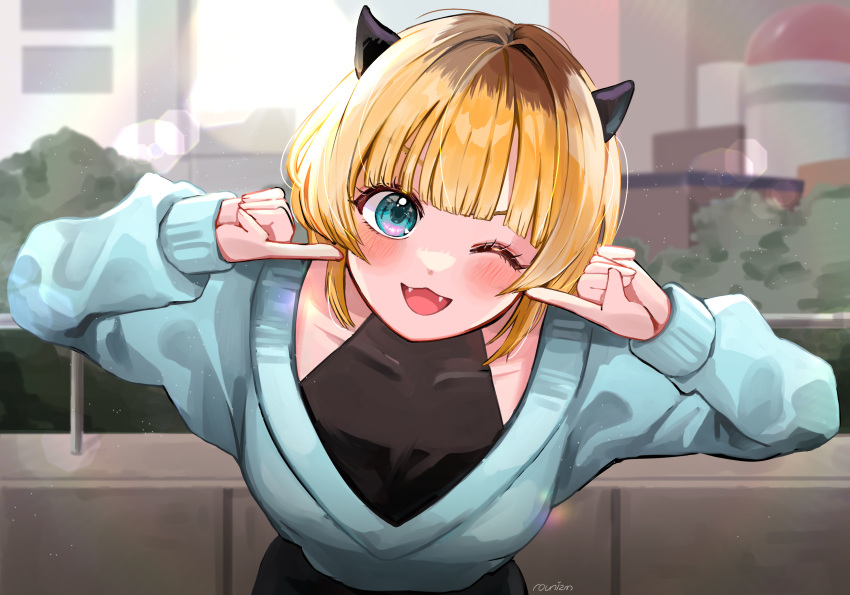 1girl :3 artist_name blonde_hair blue_eyes blue_sweater blurry blurry_background blush bokeh commentary covered_collarbone demon_horns depth_of_field fangs highres horns light_particles long_sleeves looking_at_viewer memcho multicolored_hair one_eye_closed open_mouth oshi_no_ko outdoors pointing pointing_at_self roots_(hair) rounizm short_hair smile solo sweater