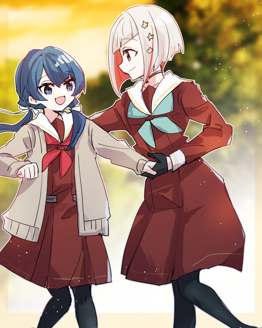 2girls :d aqua_neckerchief black_gloves black_pantyhose blue_eyes blue_hair brown_cardigan brown_dress cardigan choker colored_inner_hair commentary dollchestra dress eye_contact gloves hair_ornament hand_on_another's_back hasu_no_sora_school_uniform highres holding_hands kanduki_kamibukuro link!_like!_love_live! long_hair long_sleeves looking_at_another love_live! low_twintails multicolored_hair multiple_girls murano_sayaka neckerchief open_mouth pantyhose red_eyes red_hair red_neckerchief sailor_collar school_uniform short_hair smile star_(symbol) star_hair_ornament streaked_hair twintails white_hair white_sailor_collar yugiri_tsuzuri