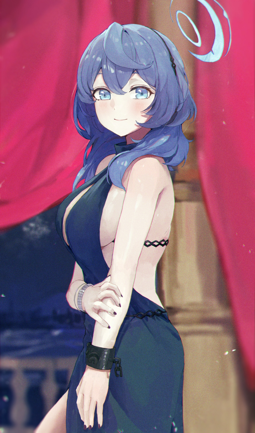 1girl absurdres ako_(blue_archive) ako_(dress)_(blue_archive) black_hairband black_nails blue_archive blue_dress blue_eyes blue_hair blue_halo blush breasts closed_mouth cowboy_shot cuffs dress fingernails hair_between_eyes hairband halo handcuffs highres jianjia large_breasts long_hair nail_polish official_alternate_costume sideboob sleeveless sleeveless_dress smile solo