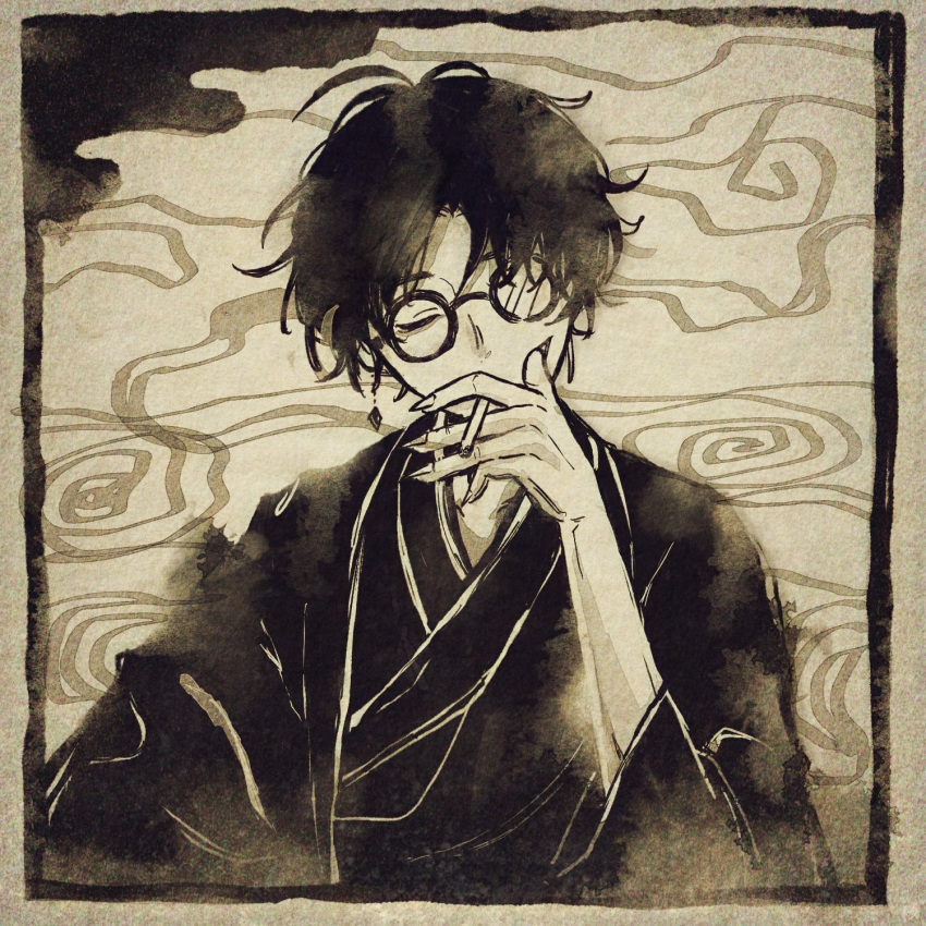 1boy artist_request cigarette closed_eyes earrings fingernails glasses hanyuu_maigo highres japanese_clothes jewelry kimono male_focus monochrome original round_eyewear sharp_fingernails single_earring smoke smoking solo upper_body