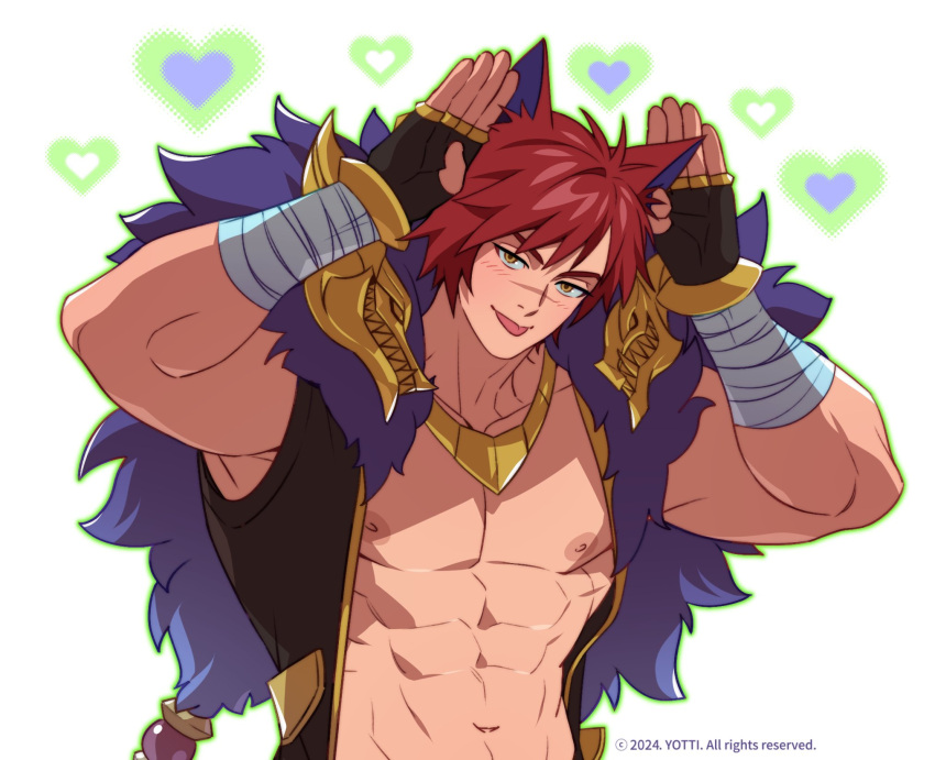1boy abs bara bare_pectorals blush half-closed_eyes heart heart_background highres league_of_legends looking_at_viewer male_focus muscular muscular_male navel pectorals red_hair scar scar_on_face scar_on_nose sett_(league_of_legends) short_hair smile solo thick_eyebrows tongue tongue_out upper_body yotti
