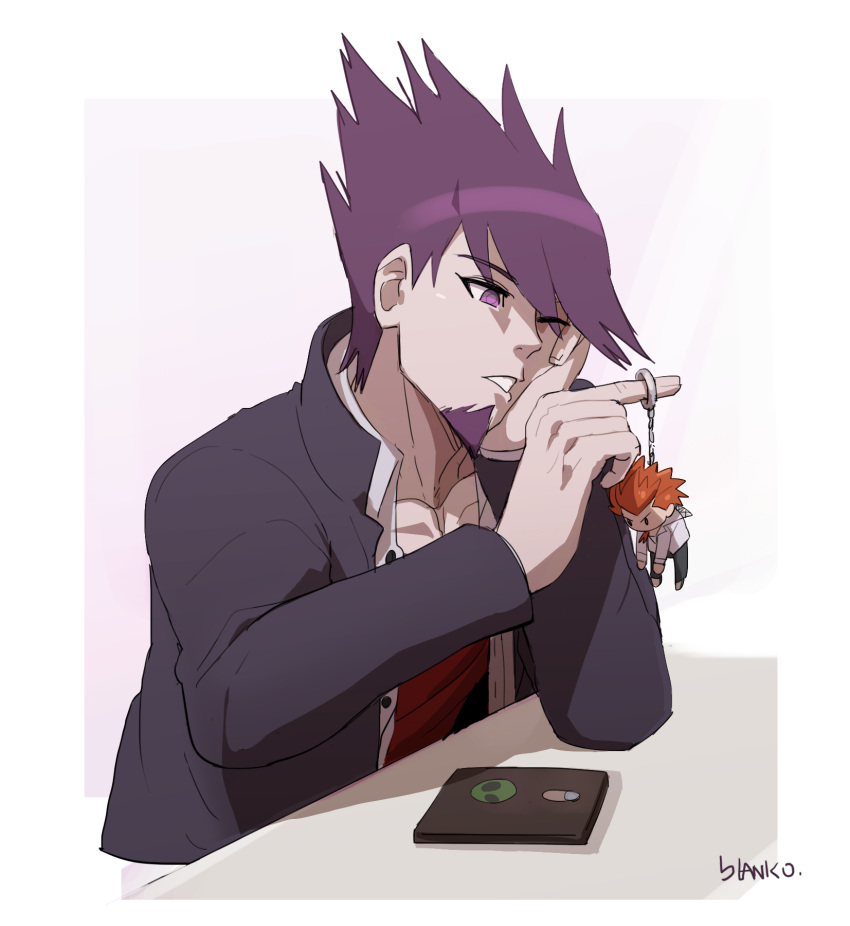 1boy artist_name black_jacket black_sleeves blanko! border buttons cellphone character_keychain collarbone collared_jacket collared_shirt danganronpa:_trigger_happy_havoc danganronpa_(series) danganronpa_v3:_killing_harmony elbow_on_table facial_hair fingernails goatee hand_on_own_cheek hand_on_own_face high_collar highres holding jacket kuwata_leon long_sleeves looking_at_object male_focus momota_kaito open_clothes open_jacket open_mouth open_shirt phone pink_background purple_eyes purple_hair red_tank_top school_uniform shirt smartphone solo spiked_hair sunlight table tank_top teeth upper_body white_border white_shirt